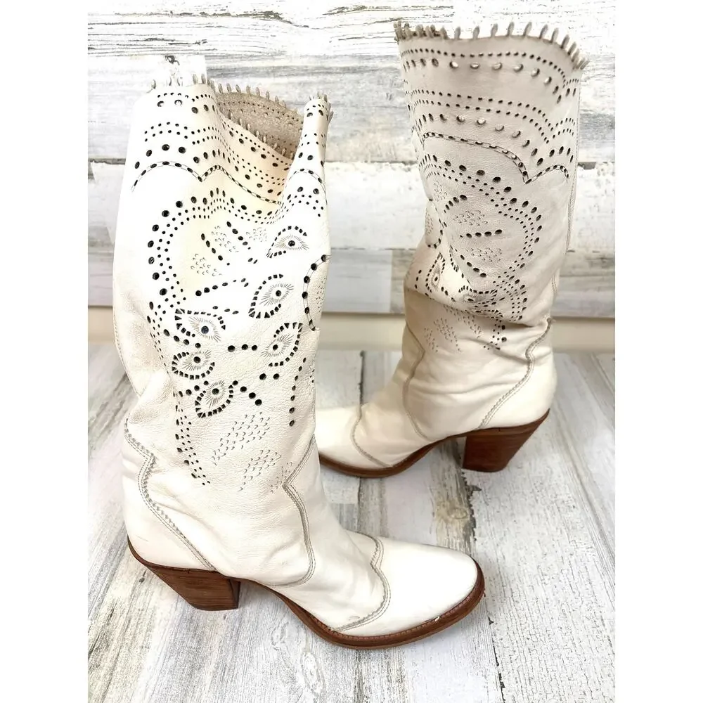 FRU.IT Cream Leather Cut Out Western Calf Boots Womens 40 Vintage Italy Designer